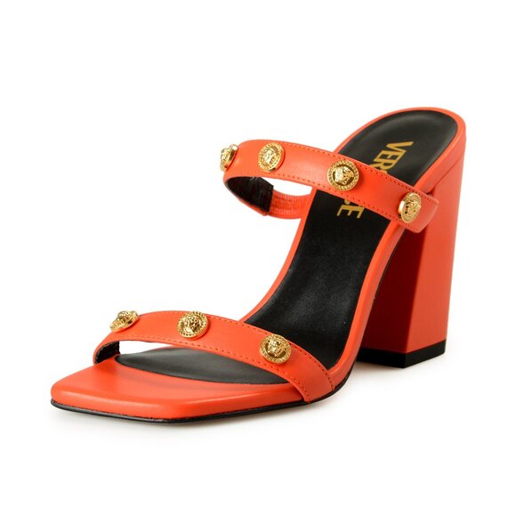 Versace Women's Coral Gold Medusa 100% Leather Sandals Mules Shoes US 8 IT 38
